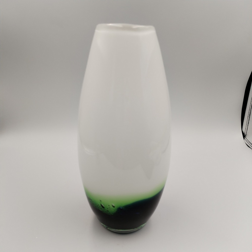 Vintage Mid Century Cased Art Glass Vase 10" White Green Blue Bubble Base Lava